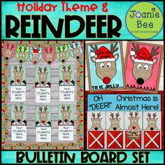 bulletin board with reindeers on it and christmas themed items in the bottom right corner