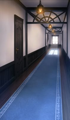 an empty hallway with blue carpet and lights