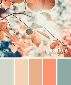 the color palette is peach, blue and green with some brown leaves on it's branches