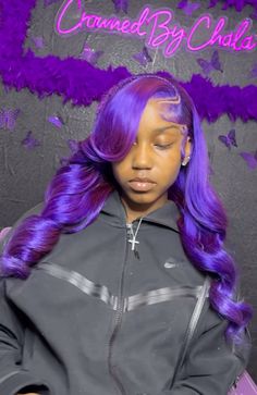 #purple #purplehair #wigs #wigsforblackwomen #blackhairstyles #melanin #melaninmagic #blackgirlshairstyles #explore #inspiration #ideas Purple Frontal Ponytail, Dye Wig Colors, Wig Hairstyles Ideas Black Women Fishtail, Colors To Try On Wigs, Colored Lace Front Wigs Brown Skin, Purple Wigs On Dark Skin, Wig Hairstyles Purple, Purple Hair Wig Black Women, Wig Colors For Dark Skin