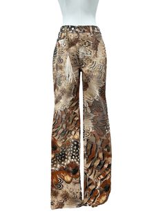 Roberto Cavalli straight pant with printed feather in shades of brown, white and black. Hanging chain with little charm. Condition Details New with tag Size and Material 40 IT | S Printed Brown Bottoms For Spring, Chic Printed Pants For Fall, Chic Printed Fall Pants, Cavalli Aesthetic, Vintage Cavalli, Pants Png, Vintage Roberto Cavalli, Chic Closet, College Wardrobe