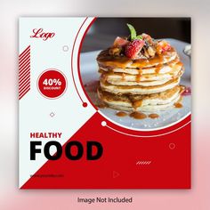 a red and white flyer for a healthy food restaurant with pancakes, fruit and syrup