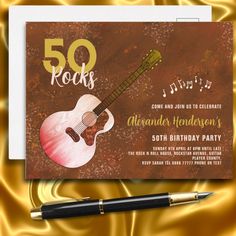 a 50th birthday party card with an acoustic guitar on it and the words 50 rocks written in gold