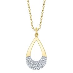 Add shimmer to your neckline with this stunning pendant necklace from Shy Creation. Crafted in 14k yellow gold, this teardrop shaped pendant features glistening round diamond pave on the bottom half of the design. The diamonds are 1/8ctw, H in color, and SI2 in clarity. The pendant measures 0.90 inches in length and 0.45 inches in width and comes suspended from an 18 inch chain. Yellow Gold Diamond Teardrop Pendant Necklace, Teardrop Necklace With Single Cut Diamonds, Teardrop Yellow Gold Necklace With Diamond Accents, Yellow Gold Teardrop Diamond Necklace With Accents, Yellow Gold Diamond Necklace With Teardrop Pendant, Wedding Day Jewelry, Yellow Gold Pendants, Fine Jewellery Necklace, Gold Pendant Necklace