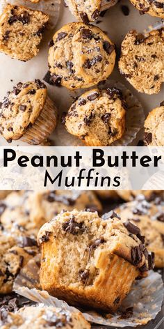 chocolate chip muffins with text overlay that reads, peanut butter muffins