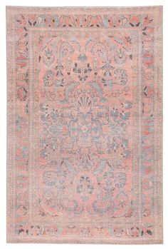 an antique rug with pink, blue and grey colors on the bottom half of it