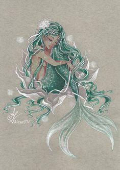 a drawing of a mermaid with long hair