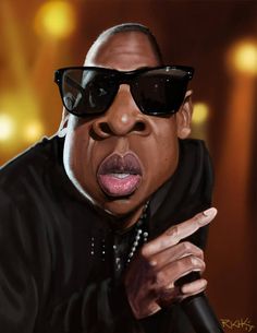 a painting of a man wearing sunglasses and holding a microphone in his right hand while making a silly face