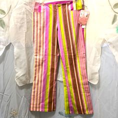 Nwt S & D Pink/Avacado, Striped, Crop, Flare Hem Pants, Sz 4, Zip Front Closure, Waist: 28”, Inseam: 25”, Outseam: 33 1/2”, Hem: 8 1/2”, Rise: 8 1/2”, Hips: 36”, Retro Pink Pants With Pockets, Retro Pink Cotton Bottoms, Pink Wide Leg Retro Pants, Retro Pink Stretch Bottoms, Retro High Waist Pink Pants, Retro Fitted Pink Pants, Tan Jeans, Womens Cropped Jeans, Hem Pants