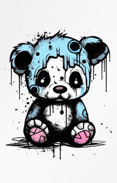 a drawing of a teddy bear with blue and pink paint on it's face