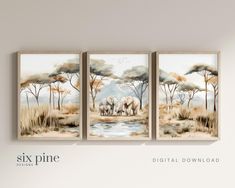 three paintings of elephants in the wild with water and trees behind them, hanging on a wall