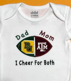 House Divided Baby Football Bodysuit, Shirt - Personalized -You Choose ANY TEAMS - College and NFL White Sports Onesie With Letter Print, White Embroidered Top For Game Day, White Short Sleeve Onesie For Game Day, Here For The Snacks, It's Complicated, Bodysuit Shirt, College Football Teams, House Divided, Team Mascots