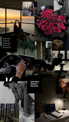 a collage of photos with flowers and people in the background, including a woman driving a car