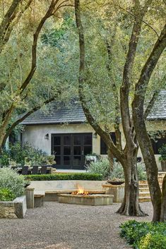 an outdoor fire pit surrounded by trees and shrubbery