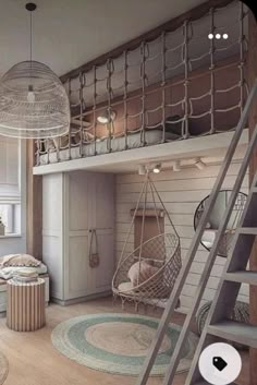 a room with a bed, chair and hammock hanging from the ceiling in it