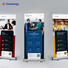 three roll up banners with different colors and designs