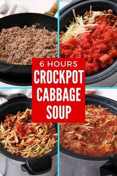 four photos showing different types of crockpot cabbage soup