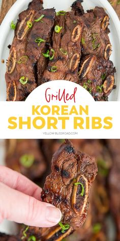 korean short ribs on a plate with the title text overlay reads grilled korean short ribs