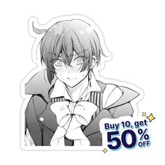 an anime sticker that says buy 10 get 50 % off