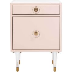 a pink and gold nightstand with two drawers on the bottom, one drawer open to reveal a