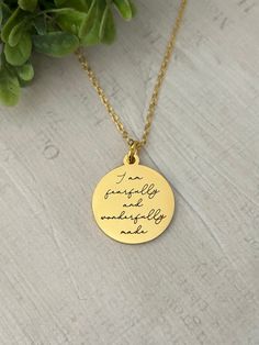 A beautiful dainty 16k gold plated necklace engraved with "with I am fearfully and wonderfully made". Perfect gift, Christian jewelry. Charms are gold plated over stainless steel. Plated jewelry is a wonderful, affordable way to add a sophisticated look to your wardrobe, with the look of real gold. It is also an excellent choice for people with sensitive skin. CARE TIPS: Avoid contact with perfumes, body oils, and other chemicals, including household cleaners. Never use chemical jewelry cleaners Inspirational Gold Charm Necklace For Mother's Day, Yellow Gold-plated Necklaces For Blessing, Faith Jewelry Christians, Spiritual Gold-plated Necklaces For Blessings, Faith Based Jewelry, Fearfully And Wonderfully Made, Gold Disc Necklace, Faith Jewelry, Wonderfully Made