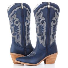 PRICES MAY VARY. Featuring：- Western inspired embroidery on upper - Soft pointed toe - Mid block heel - Oversized side pull tabs for a pull on design - white base with western inspired stitching. Comfy&Obsessed- High-quality lightweight non-slip durable rubber sole with about 2-inch heel allows you to comfort play with the summer cowgirl boot outfits. perfect party western boots, wedding bridal western boots. More matching - these womens cowboy boots Satisfy your matching requirements for all se Dark Blue Cowboy Boots, Royal Blue Cowboy Boots, Boots For Women Fashion, Summer Cowgirl, Embroidered Cowboy Boots, Boots Wedding, Blue Cowboy Boots, Cowboy Boots For Women, Cowgirl Boots Outfit