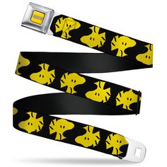 PEANUTS Title Logo Full Color Yellow/White Seatbelt Belt - Peanuts Woodstock Face Flip Black/Yellow Webbing Seatbelt Belts Peanuts Worldwide LLC Peanuts Woodstock, Seatbelt Belt, Buckles Fashion, Safety Devices, Fashion Belts, Conversation Starters, Seat Belt, Woodstock, Chrome Plating