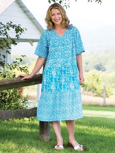 In addition to the pretty tiered style, this exclusive muumuu has soft flutter sleeves bringing breezy comfort to one of our most popular muumuus. It's made of soft woven cotton and cut in a generous A-line style for a forgiving fit that moves with you for all-day comfort. Softly tiered muumuu Flutter sleeves Lightweight cotton Gentle gathers along the V-neck and tiers Side-seam pockets Approx. 45" long 100% cotton Machine wash and dry Imported Exclusive to The Vermont Country Store | Flutter Sl Comfortable Blue Spring Dresses, Vermont Country Store, Summer Sewing, Country Store, The Pretty, Woven Cotton, Flutter Sleeves, Cotton Weaving, Flutter Sleeve