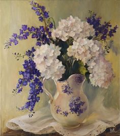 a painting of white and purple flowers in a vase