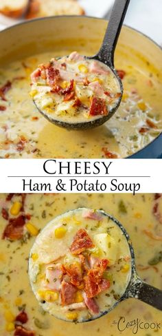 two pictures of ham and potato soup in a pan with the title text above it that reads cheesy ham and potato soup