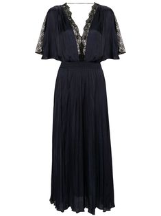 navy blue/black satin finish floral-lace trim V-neck batwing sleeves smocked waist pleated skirt straight hem mid-length Maje Clothing, Maje Dress, Skirt Straight, City Dress, Pleated Maxi Dress, Pleated Maxi, Satin Midi Dress, Blue Midi Dress, Maxi Dress Blue