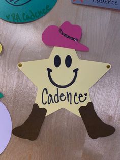 a wooden table topped with cut outs and paper stars that spell out the name cadennee