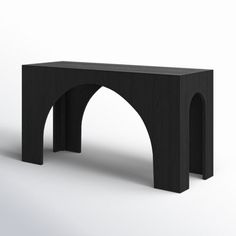 an arch shaped bench made out of wood and black finish, on a white background