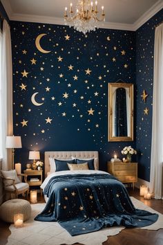 a bed room with a neatly made bed and stars on the wall above it, next to a chandelier