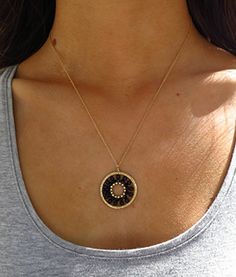 Viv&Ingrid Medium Soleil Necklace in Onyx vivandingrid.com Soleil Necklace, Sundials, Symbols Of Strength, Chic Accessories, Handmade Pendant, Handmade Pendants