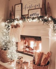 a fireplace decorated for christmas with lights and stockings on the mantel above it is a basket full of presents