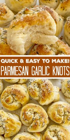 garlic bread rolls with text overlay that reads quick and easy to make parmesan garlic knots