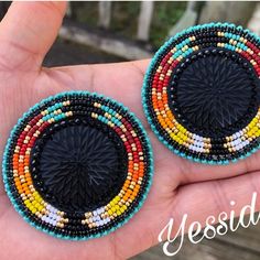 Unique Beaded Earrings With Bead Caps, Artisan Bead Cap Earrings, Unique Beaded Earrings With Black Beads, Adjustable Beaded Clip-on Earrings With Round Beads, Unique Colorful Beaded Round Earrings, Powwow Regalia, Beautiful Beaded Earring, Native Beading, Stitch Earrings