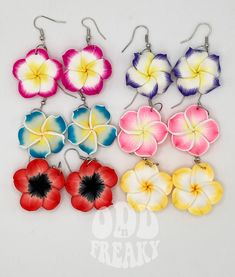 Nothing says the beach like putting on a pair of these really pretty hand painted polymer clay plumeria earrings. They make a beatiful gift.  Polymer clay Non hypoallergenic ear wires Multicolor Hand Painted Earrings For Beach, Handmade Flower Earrings For Vacation, Beach Flower Earrings In Multicolor, Multicolor Flower Earrings For Beach, Flower-shaped Earrings For Vacation, Adjustable Flower Earrings For Vacation, Adjustable Flower-shaped Earrings For Vacation, Multicolor Flower Polymer Clay Earrings, Painted Polymer Clay