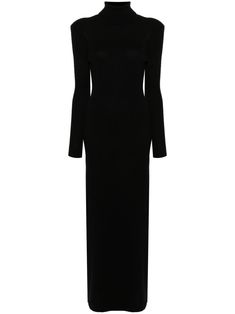 black cashmere fine knit roll neck cut-out detailing shoulder pads long sleeves straight hem Winter Evening High Neck Maxi Dress, Fitted Luxury Maxi Dress For Fall, Luxury Fitted Maxi Dress For Fall, High Neck Maxi Dress For Winter Evenings, Evening High Neck Maxi Dress For Winter, Classic Fall Evening Maxi Dress, Winter Formal Long Maxi Dress, Classic Evening Maxi Dress For Fall, Winter Evening Full Length Maxi Dress