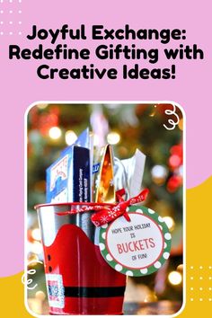 a bucket filled with lots of gifting items on top of a pink and yellow background