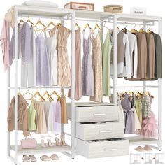 a white closet with clothes and shoes on it