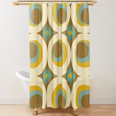 a shower curtain with an abstract design in brown, blue and yellow colors on it