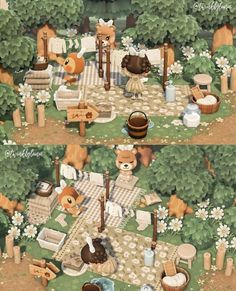 two pictures of an animal picnic in the woods