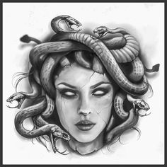 a drawing of a woman with two snakes on her head and one snake in her hair