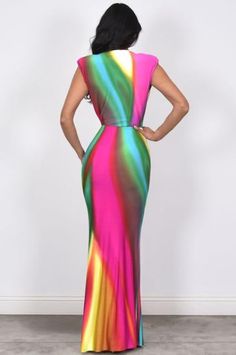 Multi Color Rainbow Swirl Print Dress Multi Color long mermaid style stretchy spandex dress. Dress is designed to fit every curve. This is a form fitted curve hugging dress made with spandex. Plenty of stretch and the fabric is medium weight poly spandex blend. Plunging neckline you can easily pin close or wear open. Ruching detail for a figure flattering look. Fitted Multicolor V-neck Maxi Dress, Spring Stretch Mermaid Dress, Green Fitted Fishtail Maxi Dress, Fitted Green Fishtail Maxi Dress, Multicolor Elastane Party Dress, Fitted Multicolor Elastane Dress, Summer V-neck Fitted Mermaid Dress, Fitted V-neck Mermaid Dress For Summer, Fitted V-neck Mermaid Summer Dress