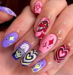 Him Nails Powerpuff, Power Puff Girls Nails, Powerpuff Girls Nail Art, Powerpuff Nails, Decora Nails, 90s Cartoon Nails Acrylic, Rave Nails, Girls Nail Designs, Complex Art