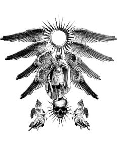 a black and white drawing of an eagle with three skulls