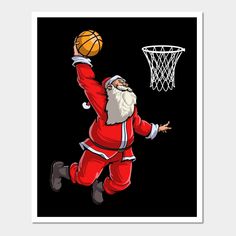 santa claus playing basketball in front of a hoop with his arms out and feet up