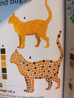 an orange cat standing on top of a book with different colors and shapes in it